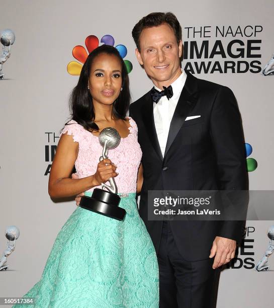 Actress Kerry Washington and actor Tony Goldwyn pose in the press room at the 44th NAACP Image Awards at The Shrine Auditorium on February 1, 2013 in...