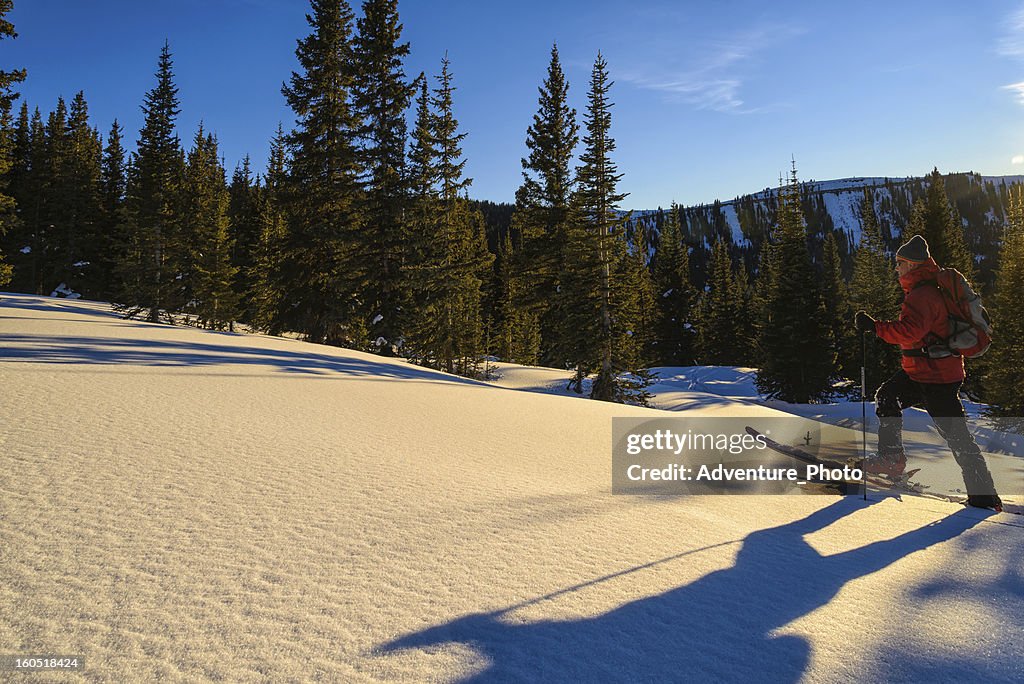 Skier Ski Touring and Skinning in Mountains