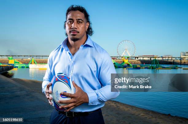Pone Fa'amausili of the Wallabies poses for a photo during the Australia Wallabies Rugby World Cup Squad Announcement at Darwin Waterfront on August...