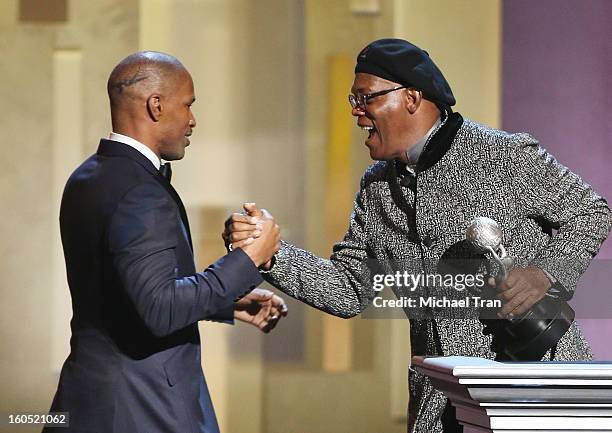 Jamie Foxx and Samuel L. Jackson attend the 44th NAACP Image Awards - show held at The Shrine Auditorium on February 1, 2013 in Los Angeles,...