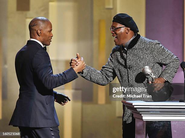 Jamie Foxx and Samuel L. Jackson attend the 44th NAACP Image Awards - show held at The Shrine Auditorium on February 1, 2013 in Los Angeles,...