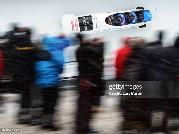 Alexander Kasjanov, Petr Moissev, Maxim Belugin and Kirill Antukh of Russia compete during the Four Men Bobsleigh heat two of the IBSF Bob & Skeleton...