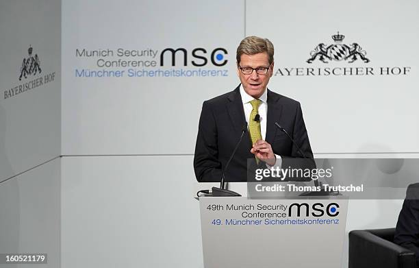 German Foreign Minister Guido Westerwelle speaks on day 2 of the 49th Munich Security Conference at Hotel Bayerischer Hof on February 2, 2013 in...