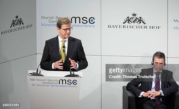 German Foreign Minister Guido Westerwelle speaks beside NATO General Secretary Anders Fogh Rasmussen on day 2 of the 49th Munich Security Conference...