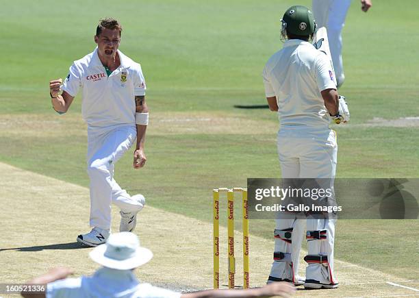 Dale Steyn of South Africa gets the wicket of Nazir Jamshed of Pakistan for 2 runs during day 2 of the 1st Test match between South Africa and...