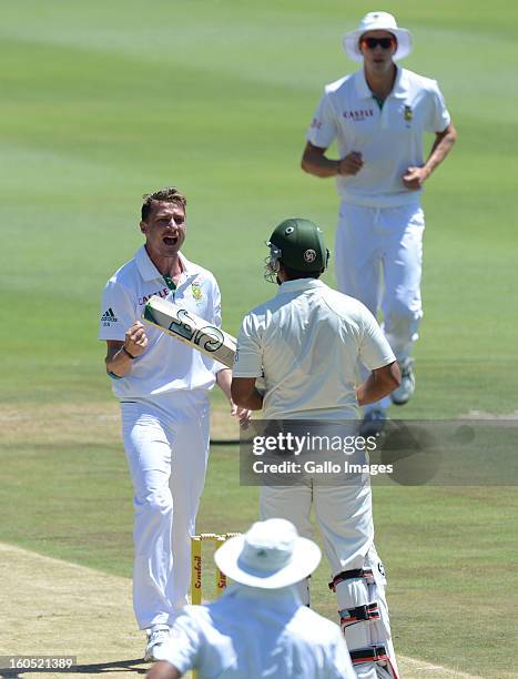 Dale Steyn of South Africa traps Nazir Jamshed of Pakistan lbw for 2 runs during day 2 of the 1st Test match between South Africa and Pakistan at...