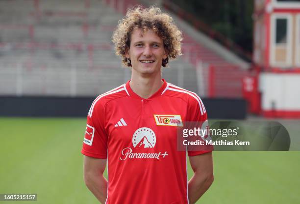 Alex Kral of 1. FC Union Berlin poses during the team presentation at Stadion an der Alten Foersterei on August 09, 2023 in Berlin, Germany.