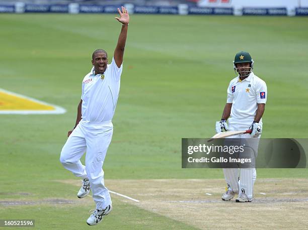 Vernon Philander of South Africa celebrates the wicket of Asad Shafiq of Pakistan during day 2 of the 1st Test match between South Africa and...