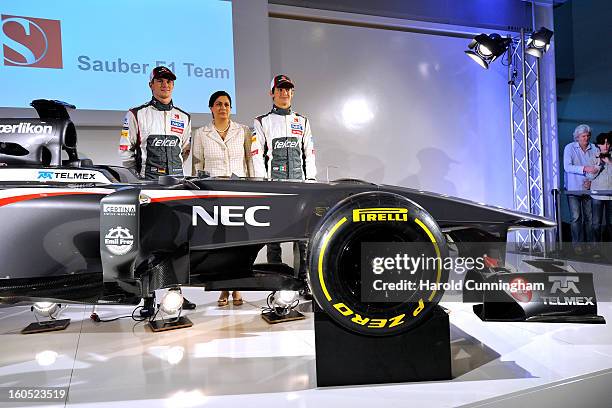 Sauber F1 driver Nico Hulkenberg of Germany, Sauber Team Principal Monisha Kaltenborn, and Sauber F1 driver Esteban Gutierrez of Mexico unveil the...