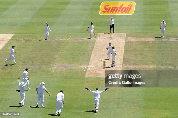 Dale Steyn of South Africa celebrates the wicket of Nazir Jamshed of Pakistan for 2 runs during day 2 of the 1st Test match between South Africa and...