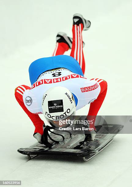 Sergei Chudinov of Russia competes during the man's skeleton third heat of the IBSF Bob & Skeleton World Championship at Olympia Bob Run on February...