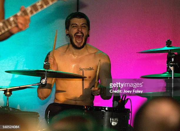 Drummer Patrick Galante of Affiance performs at The Emerson Theater on February 1, 2013 in Indianapolis, Indiana.