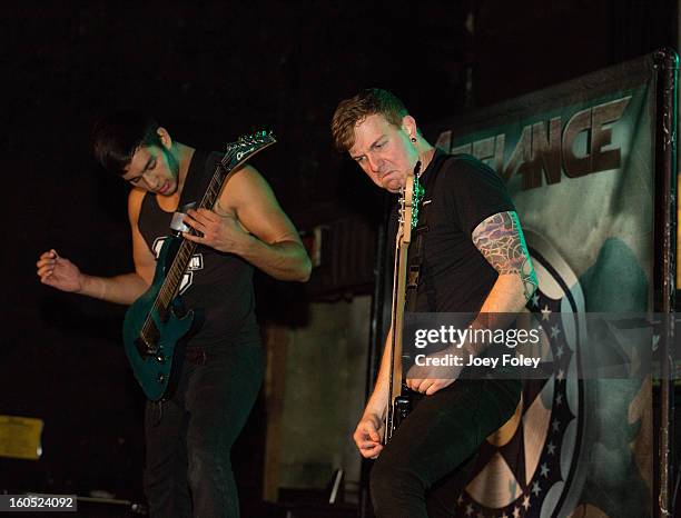 Guitarist Dominic Dickinson and Bassist Cameron Keeter of Affiance performs at The Emerson Theater on February 1, 2013 in Indianapolis, Indiana.