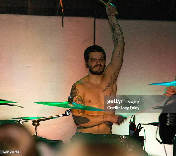 Drummer Patrick Galante of Affiance performs at The Emerson Theater on February 1, 2013 in Indianapolis, Indiana.