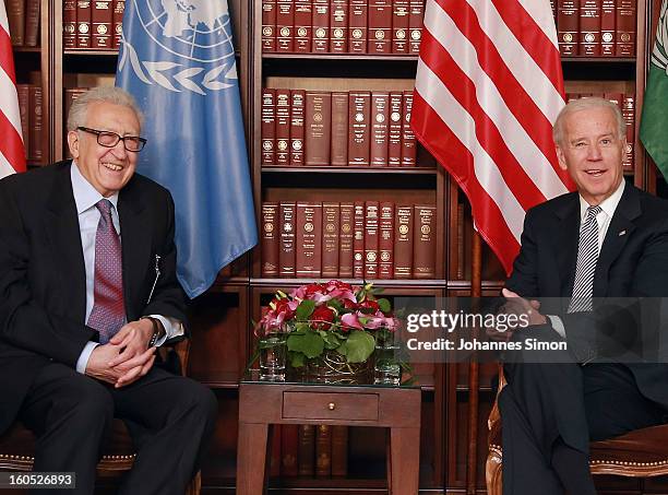 Lakhdar Brahimi , UN joint special representative, and U.S. Vice president Joe Biden laugh ahead of a bilateral meeting at Hotel Bayerischer Hof on...