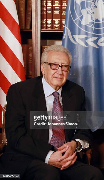 Lakhdar Brahimi, UN joint special representative, poses ahead of a bilateral meeting with U.S. Vice president Joe Biden at Hotel Bayerischer Hof on...