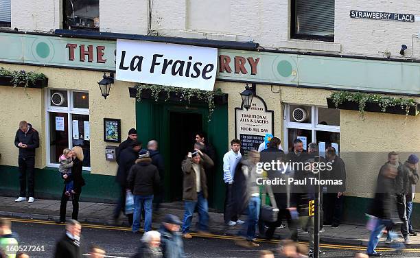 General view of The Strawberry pub close to St James Park football ground before the Barclays Premier League match between Newcastle United and...