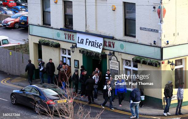 General view of The Strawberry pub close to St James Park football ground before the Barclays Premier League match between Newcastle United and...