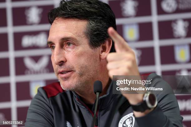 Unai Emery head coach of Aston Villa talks to the press during a press conference at Bodymoor Heath training ground on August 10, 2023 in Birmingham,...
