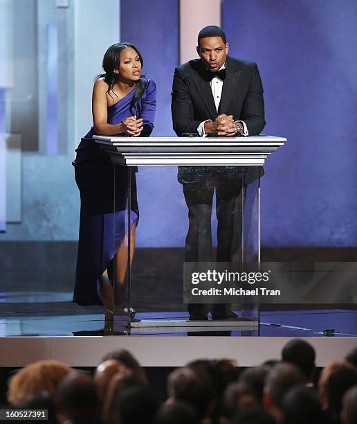 Meagan Good and Laz Alonso speak onstage at the 44th NAACP Image Awards - show held at The Shrine Auditorium on February 1, 2013 in Los Angeles,...