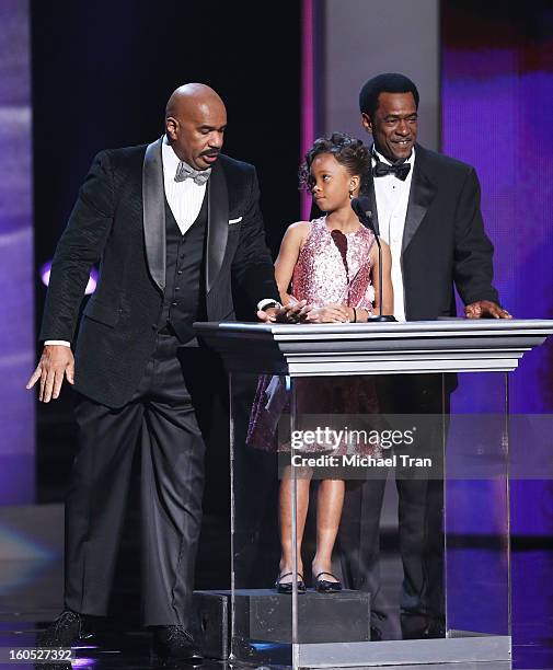 Steve Harvey, Quvenzhane Wallis and Dwight Henry speak onstage at the 44th NAACP Image Awards - show held at The Shrine Auditorium on February 1,...