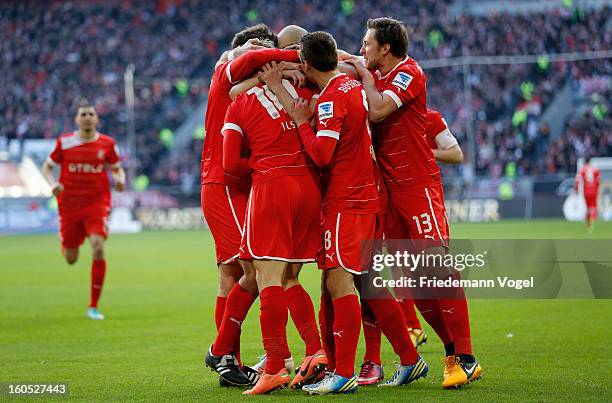 The team of Duesseldorf celebrates scoring the first goal during the Bundesliga match between Fortuna Duesseldorf 1895 and VfB Stuttgart at...