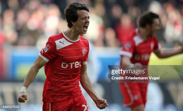 Robbie Kruse of Duesseldorf celebrates scoring the first goal during the Bundesliga match between Fortuna Duesseldorf 1895 and VfB Stuttgart at...