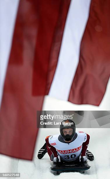 Second placed Martins Dukurs of Latvia is seen after the man's skeleton final heat of the IBSF Bob & Skeleton World Championship at Olympia Bob Run...