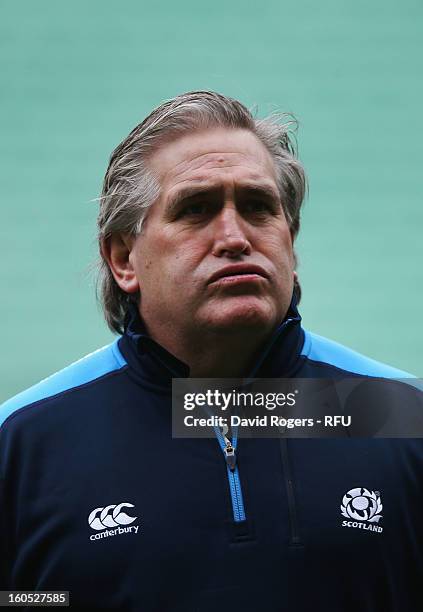 Scotland interim head coach Scott Johnson looks on prior to the RBS Six Nations match between England and Scotland at Twickenham Stadium on February...