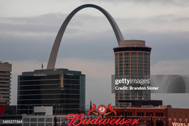 General view of the St Louis Gateway Arch, skyline and the Budweiser sign during the fifth inning between the St. Louis Cardinals and the Miami...