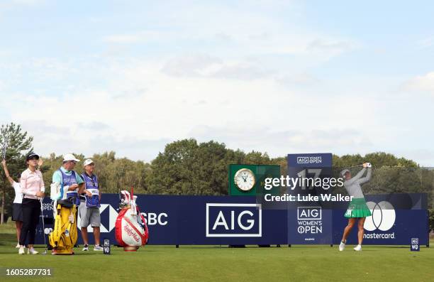 Charley Hall of England plays her tee shot on the 17th hole on Day One of the AIG Women's Open at Walton Heath Golf Club on August 10, 2023 in...