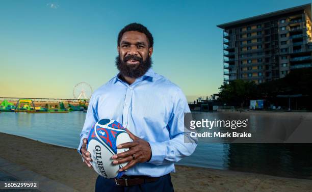 Marika Koroibete of the Wallabies poses for a photo during the Australia Wallabies Rugby World Cup Squad Announcement at Darwin Waterfront on August...