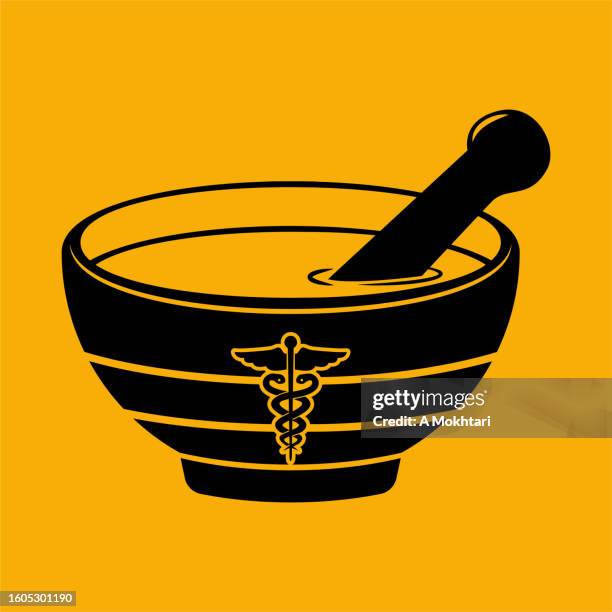 illustrazioni stock, clip art, cartoni animati e icone di tendenza di pestello medicinale e icona del mortaio. - mortaio con pestello