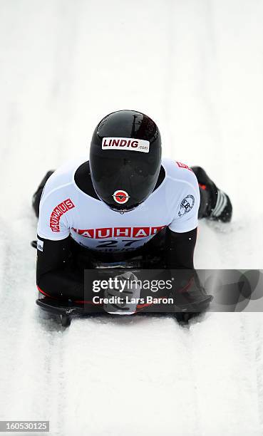 Frank Rommel of Germany looks dejected after the man's skeleton final heat of the IBSF Bob & Skeleton World Championship at Olympia Bob Run on...