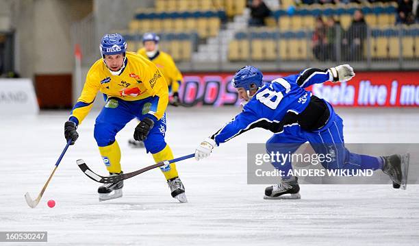 Sweden's Per Hellmyrs and Finland's Sami Laakkonen vie during Bandy World Championship semifinal match Sweden vs Finland in Vanersborg, Sweden,...