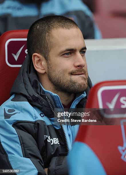 Joe Cole of West Ham United on the substitutes bench before the Barclays Premier League match between West Ham United and Swansea at the Boleyn...