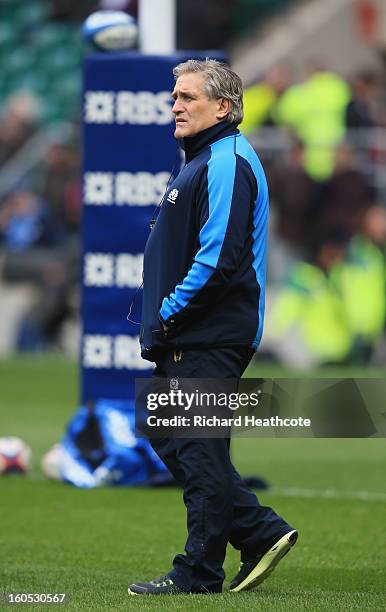 Scott Johnson the Scotland interim head coach looks on prior to kickoff during the RBS Six Nations match between England and Scotland at Twickenham...