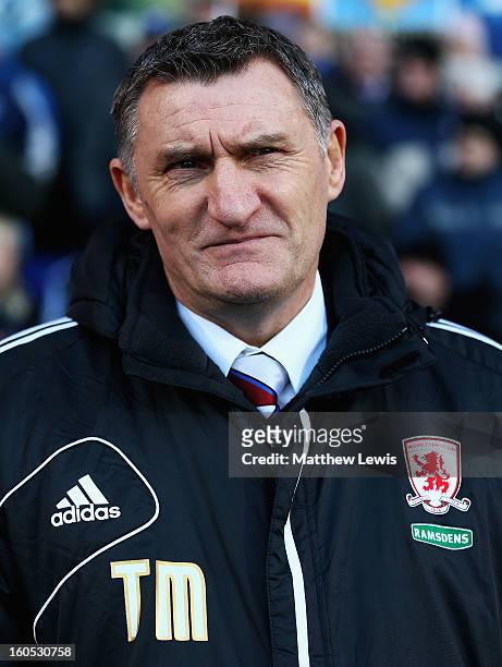 Tony Mowbray, manager of Middlesbrough looks on during the npower Championship match between Ipswich Town and Middlesbrough at Portman Road on...