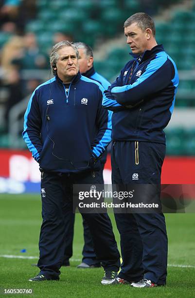 Scott Johnson the Scotland interim head speaks with Dean Ryan the Scotland interim forwards coach look on prior to kickoff during the RBS Six Nations...