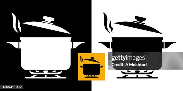 kochpfanne und topfsymbol. - suppentopf stock-grafiken, -clipart, -cartoons und -symbole