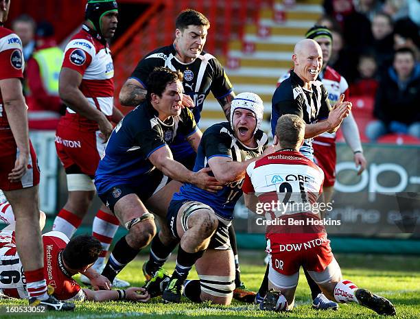Mat Gilbert of Bath celebrates after scoring a try during the LV= Cup match between Gloucester and Bath at the Kingsholm Stadium on February 2, 2013...