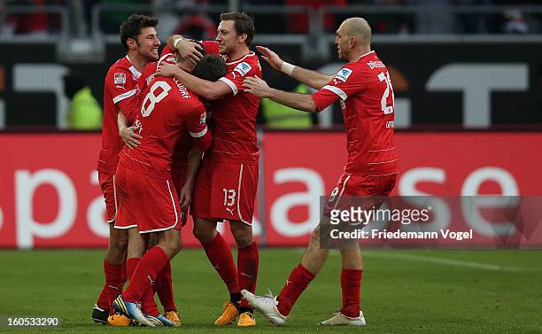 The team of Duesseldorf celebrates scoring the third goal during the Bundesliga match between Fortuna Duesseldorf 1895 and VfB Stuttgart at...