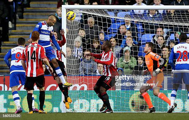 Jimmy Kebe of Reading scores their second goal during the Barclays Premier League match between Reading and Sunderland at Madejski Stadium on...