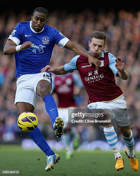 Sylvain Distin of Everton holds off Andreas Weimann of Aston Villa during the Barclays Premier League match between Everton and Aston Villa at...