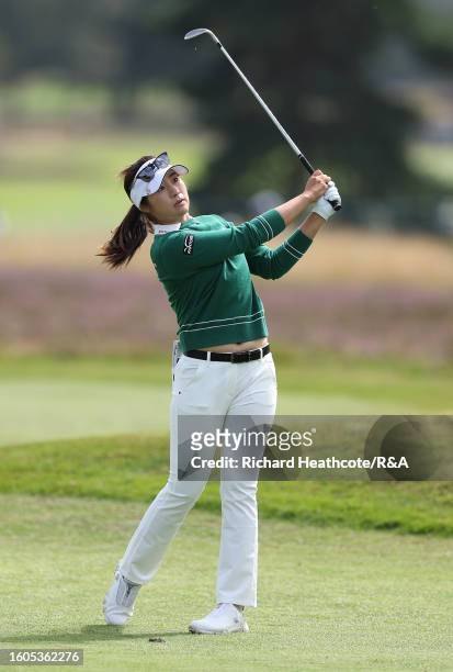 Jeongeun Lee6 of South Korea plays her second shot on the 18th hole on Day One of the AIG Women's Open at Walton Heath Golf Club on August 10, 2023...
