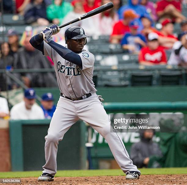 Trayvon Robinson of the Seattle Mariners bats during the game against the Texas Rangers at Rangers Ballpark in Arlington on Sunday, September 16,...