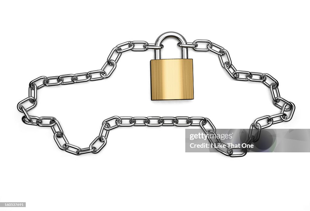 Chain in the shape of a car locked with a padlock