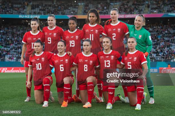 The Switzerland team line up, back row l-r Seraina Piubel, Ana-Maria Crnogorcevic, Eseosa Aigbogun, Coumba Sow, Julia Stierli, Gaelle Thalmann, front...