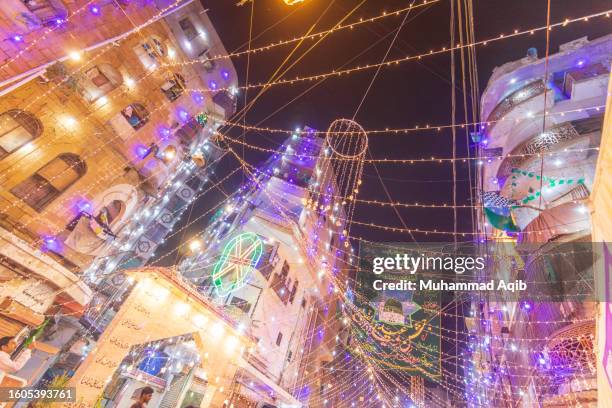 streets decorated with lights. - mawlid foto e immagini stock