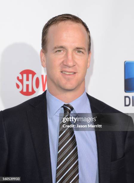 Player Peyton Manning attends DIRECTV'S Seventh Annual Celebrity Beach Bowl at DTV SuperFan Stadium at Mardi Gras World on February 2, 2013 in New...